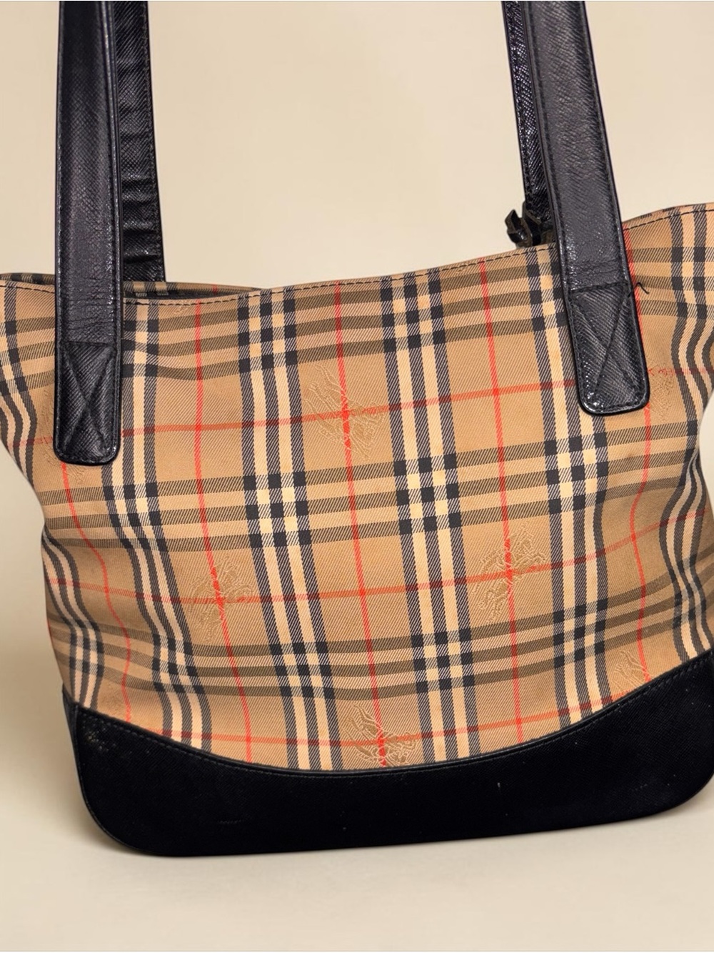 Burberry Nova Check Canvas Tote Bag Black Leather Shoulder Bag Gold Medallion
